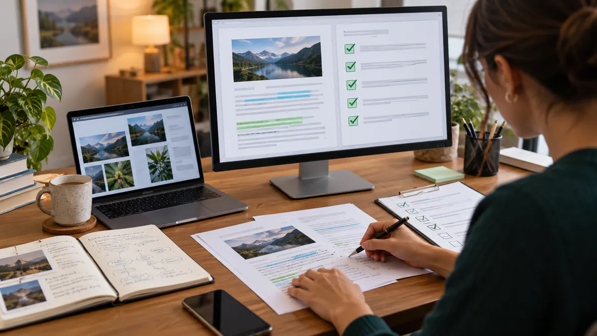 Planning materials and an abstract screen for where ai can support a marketing workflow—and where review still matters.