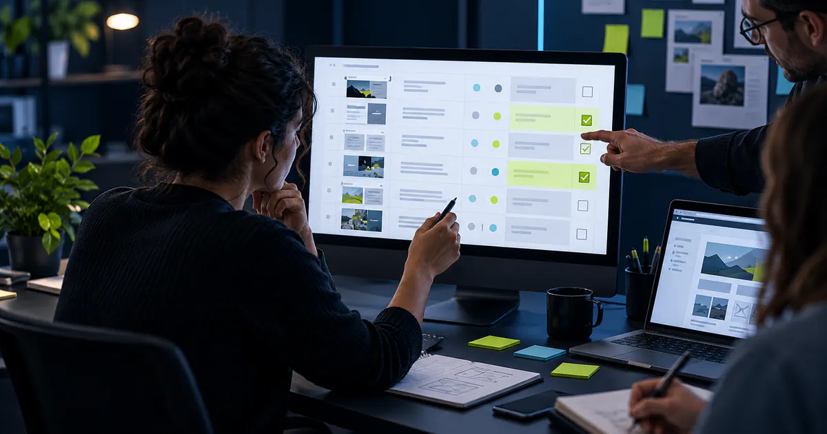 Marketing team planning review and refresh existing website content in a modern workspace.