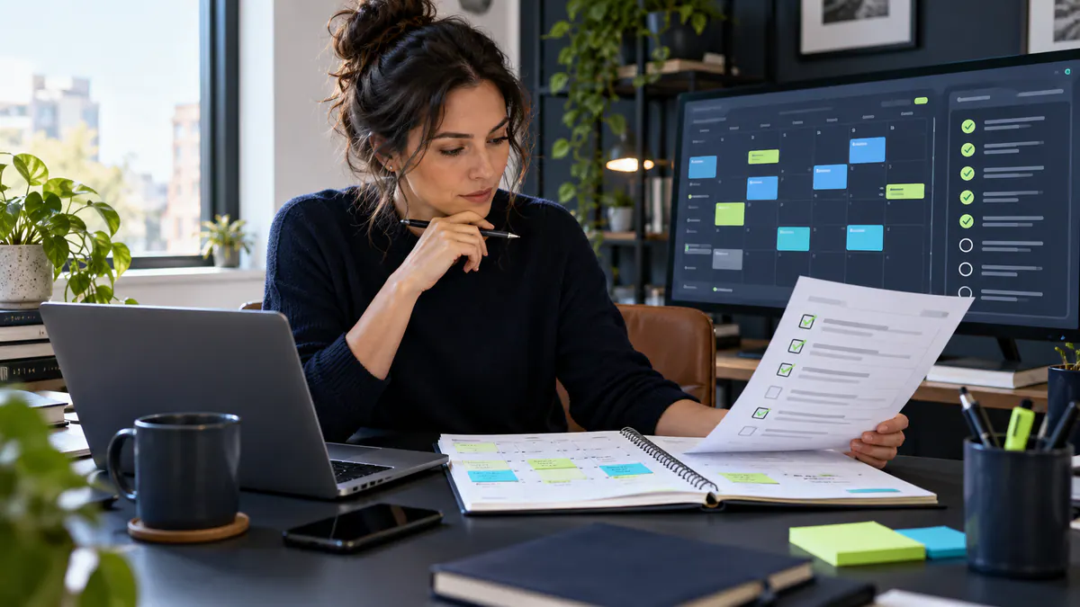 Planning materials and an abstract screen for content strategy around business goals.