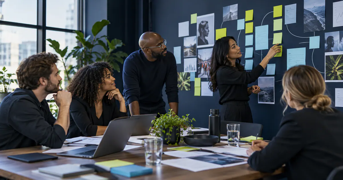 Marketing team planning content strategy around business goals in a modern workspace.