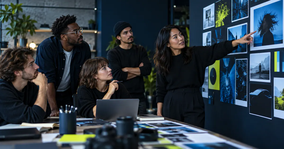 Marketing team planning creative brief for a digital campaign in a modern workspace.