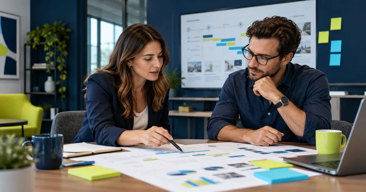 Marketing team planning onboard a digital marketing partner in a modern workspace.