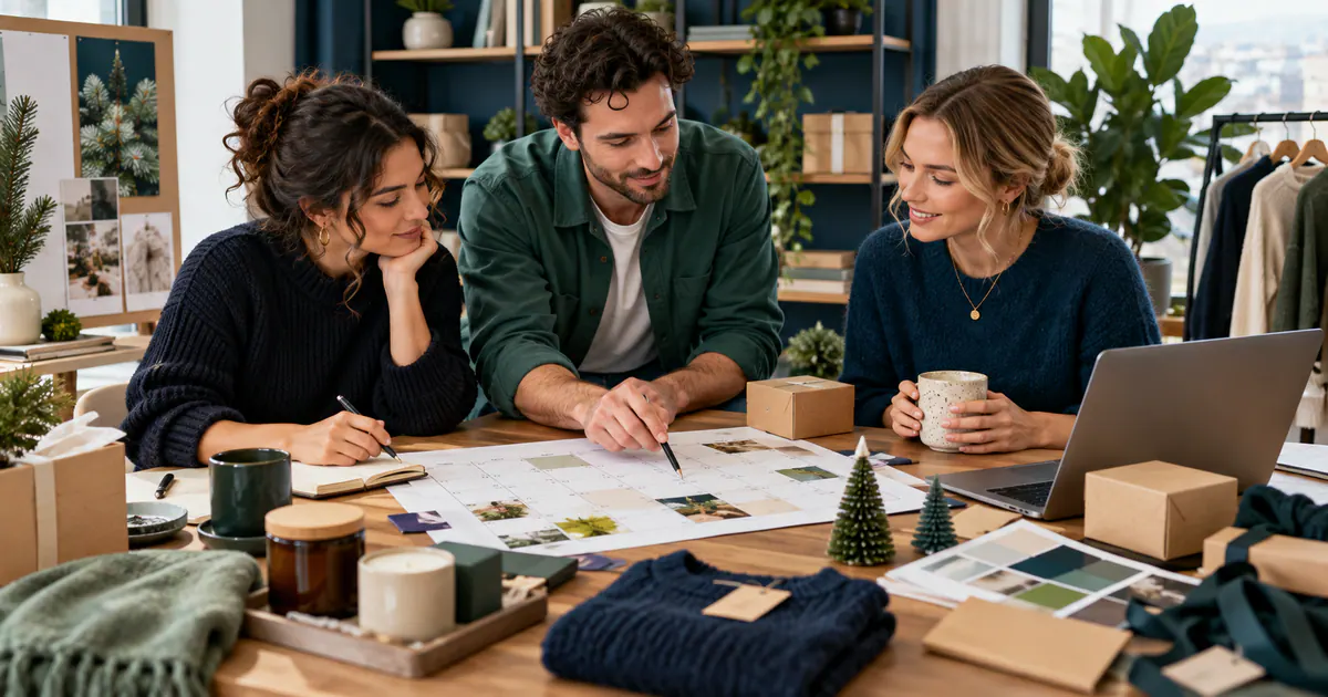 Marketing team planning ecommerce content calendar for product launches and seasons in a modern workspace.