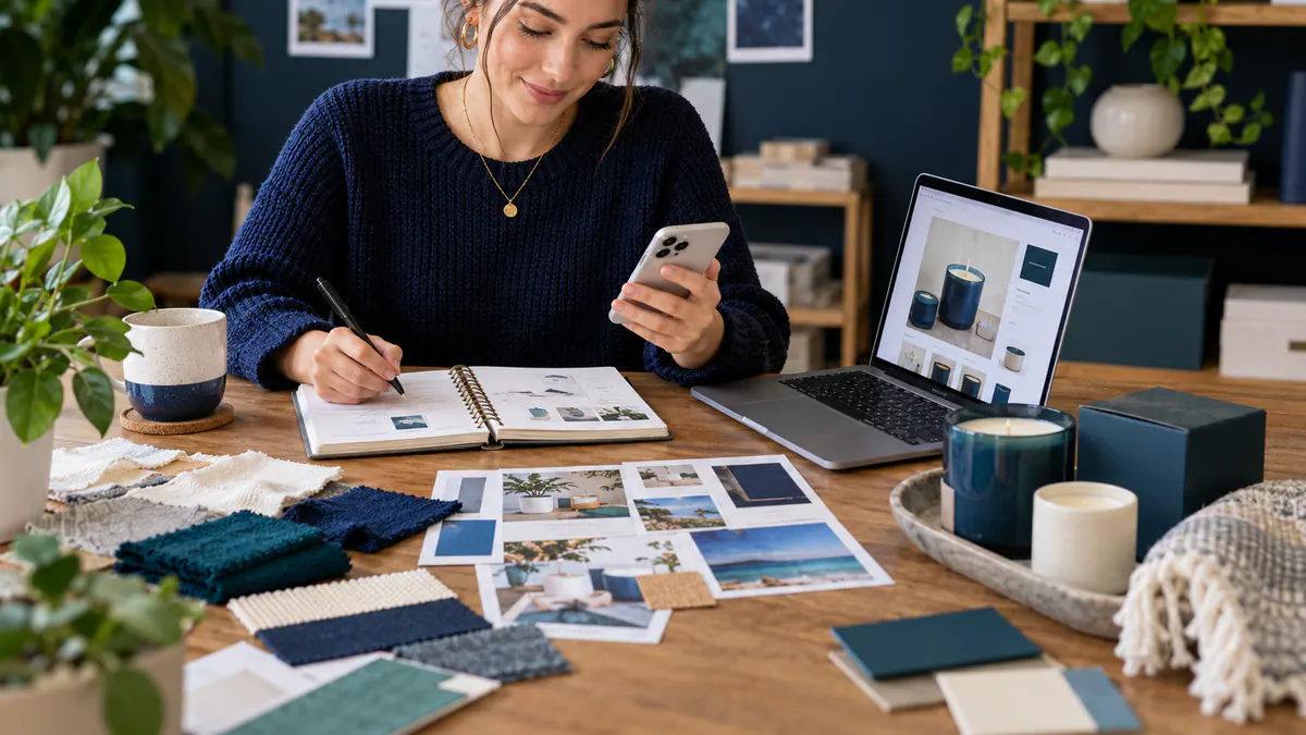 Planning materials and an abstract screen for ecommerce social content: from product discovery to store visit.
