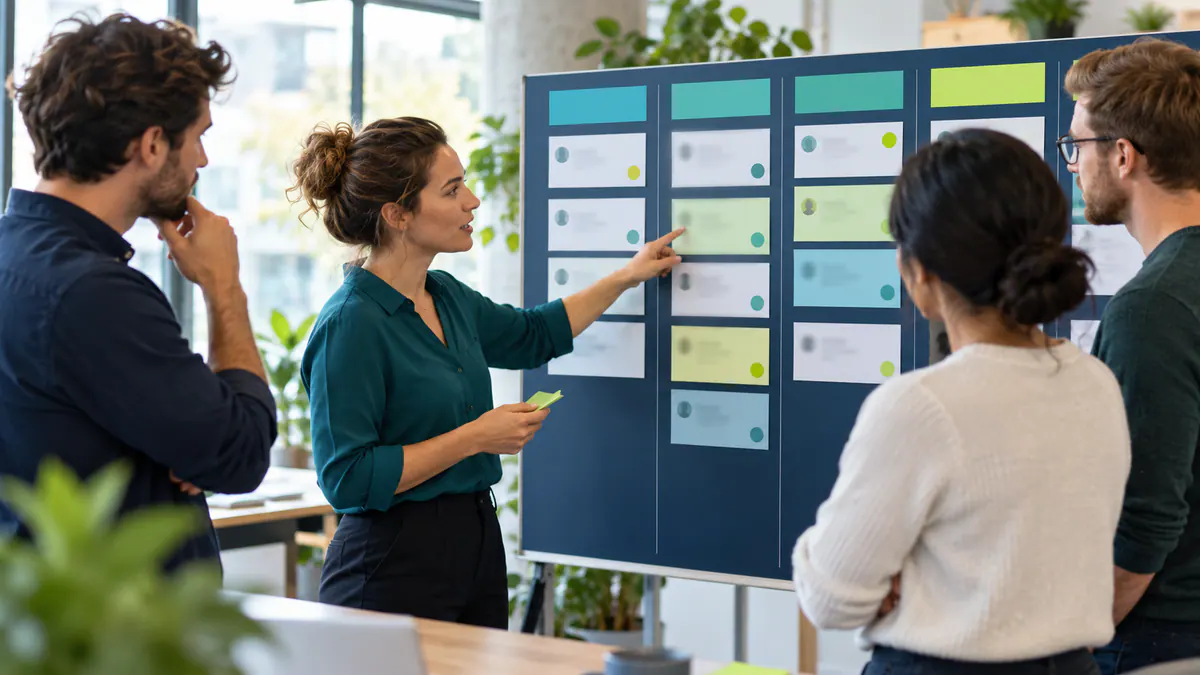Planning materials and an abstract screen for editorial calendar planning for small marketing teams.