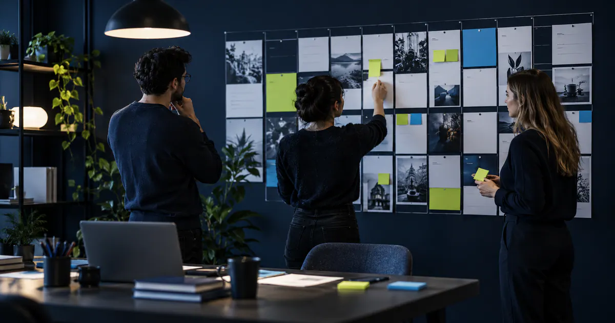 Marketing team planning editorial calendar planning for small marketing teams in a modern workspace.