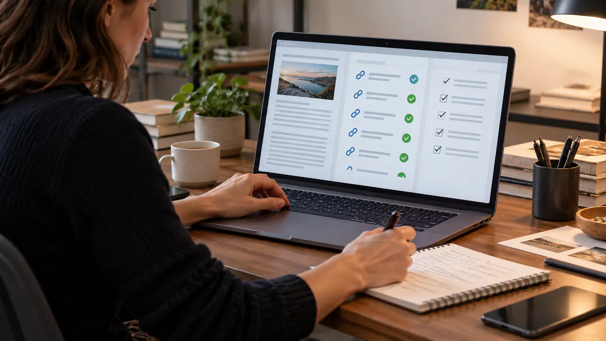 Colleagues reviewing financial affiliate publishing: a transparent editorial checklist together at a laptop.