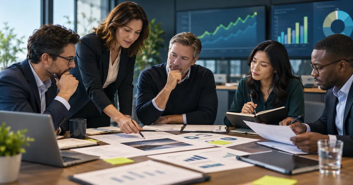 Marketing team planning financial content review workflow in a modern workspace.