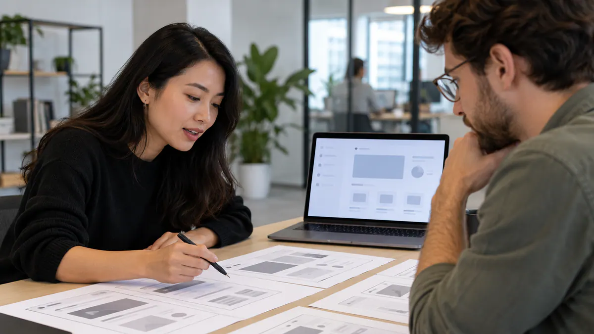 Colleagues reviewing fintech landing page for clarity together at a laptop.