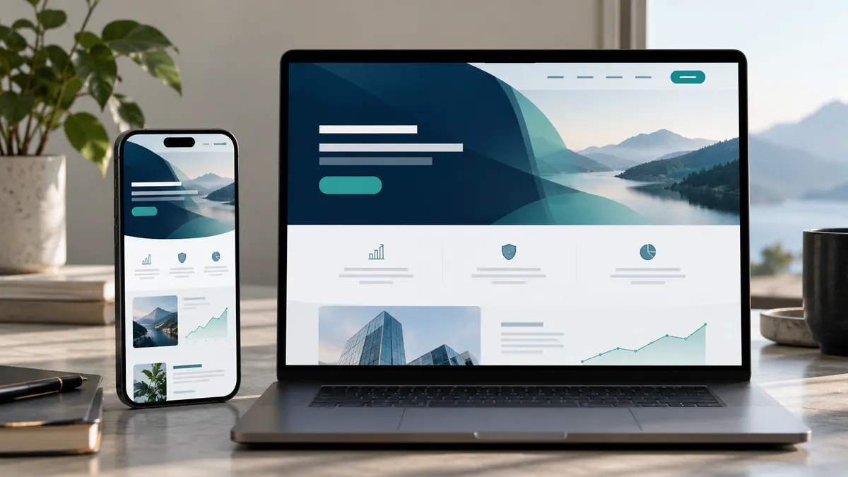 Planning materials and an abstract screen for fintech landing page for clarity.