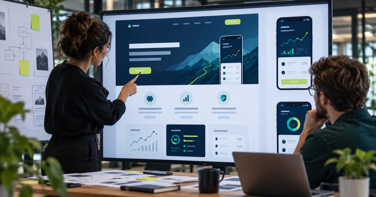 Marketing team planning fintech landing page for clarity in a modern workspace.