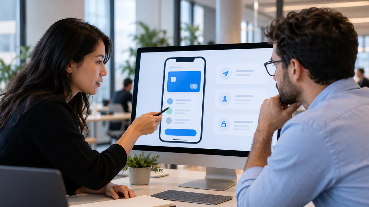 Colleagues reviewing fintech product content: explain features without overpromising together at a laptop.