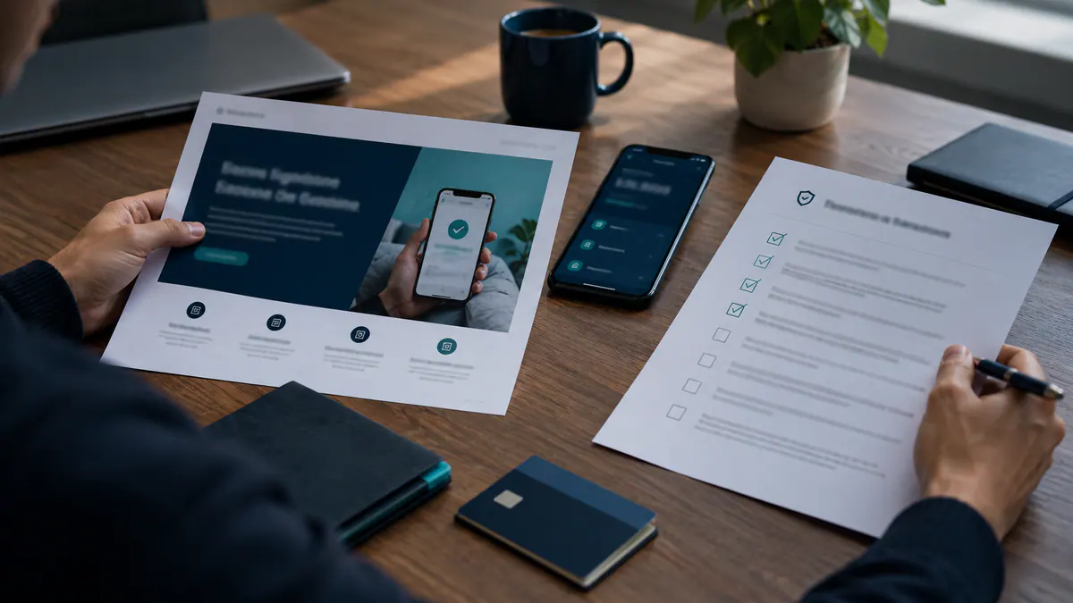 Planning materials and an abstract screen for fintech product content: explain features without overpromising.
