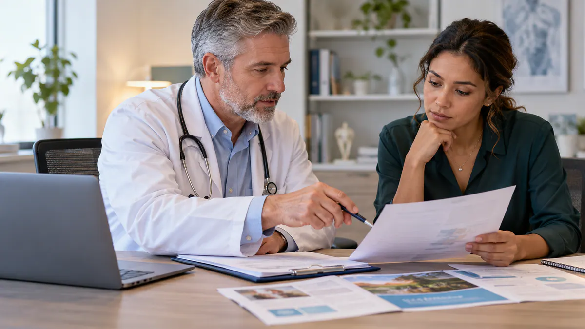Colleagues reviewing healthcare marketing claims: a pre-publication review guide together at a laptop.