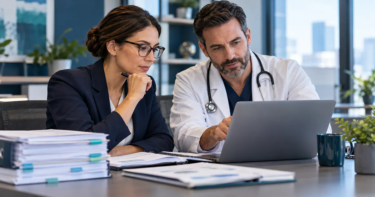 Marketing team planning healthcare marketing claims: a pre-publication review guide in a modern workspace.
