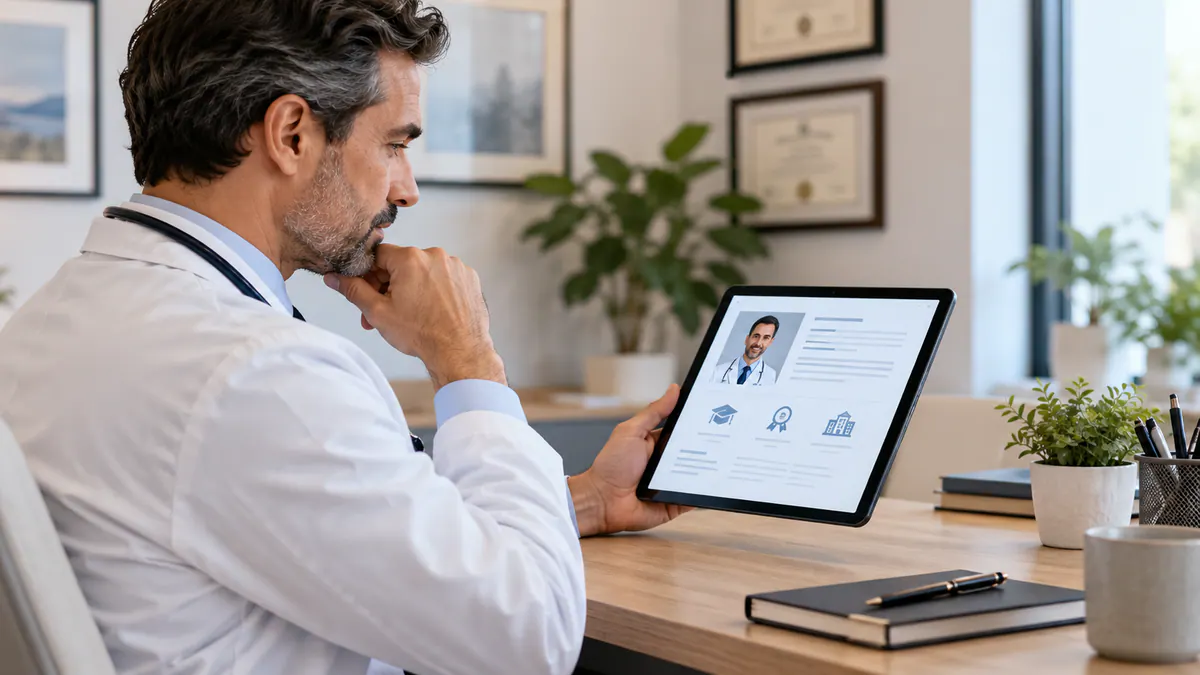 Planning materials and an abstract screen for clear healthcare practitioner profile page.