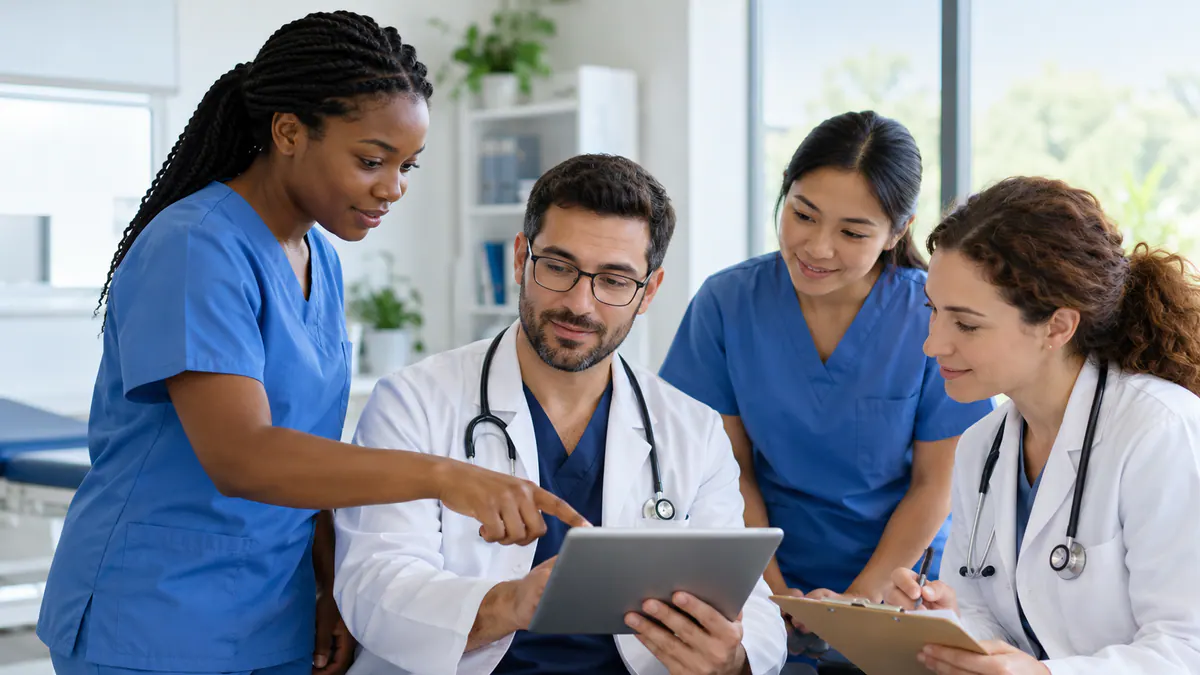 Team reviewing next steps for healthcare website content: a review workflow for practitioners.