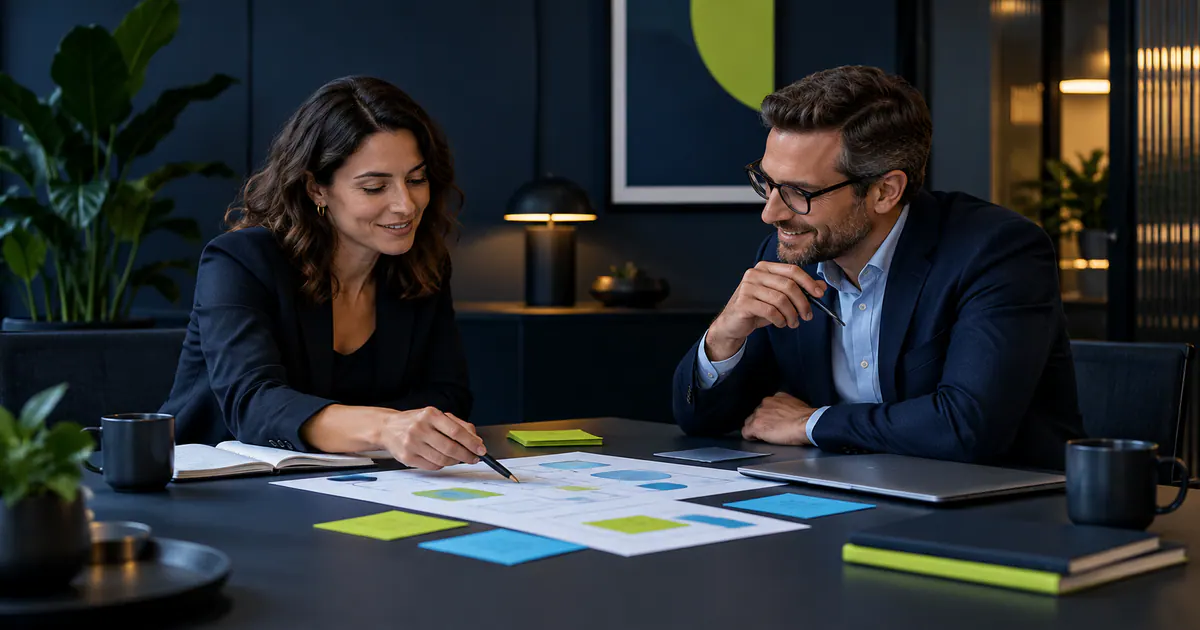 Marketing team planning outsourced marketing support: scope, roles and handoffs in a modern workspace.
