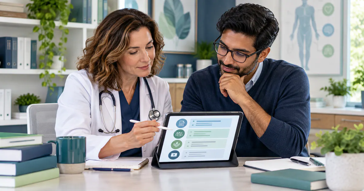 Marketing team planning patient education content: a safe editorial planning checklist in a modern workspace.